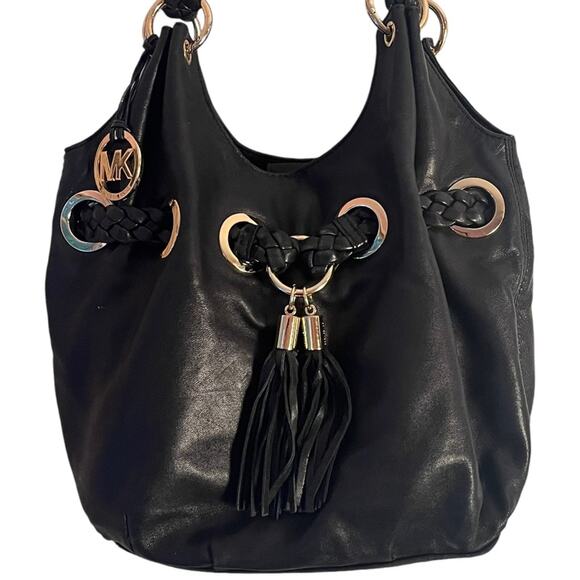 Michael Michael Kors Braided Astor Grommet Large Shoulder Tote Black Leather - Picture 2 of 14